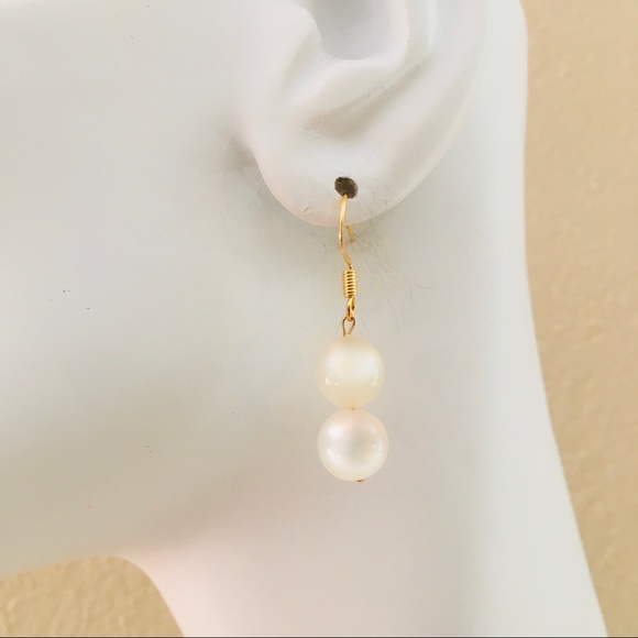 12K Gold Filled Posts Small Pearlized Glass Beads Stacked Drop Earrings - Picture 3 of 8